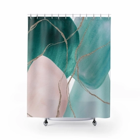 Abstract Shower Curtain | Geometric | Emerald Teal Green | Blush Pink | Gold Lighting,Home Lighting