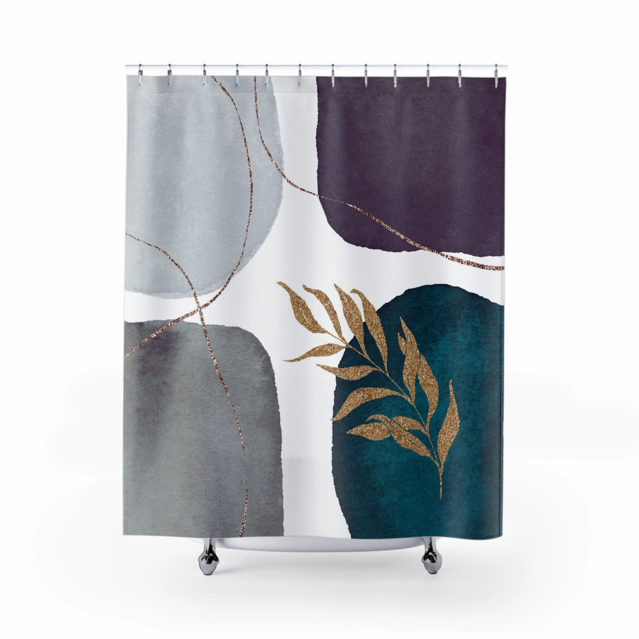 Abstract Shower Curtain | Grey White, Teal Purple, Beige Floral Lighting,Home Lighting