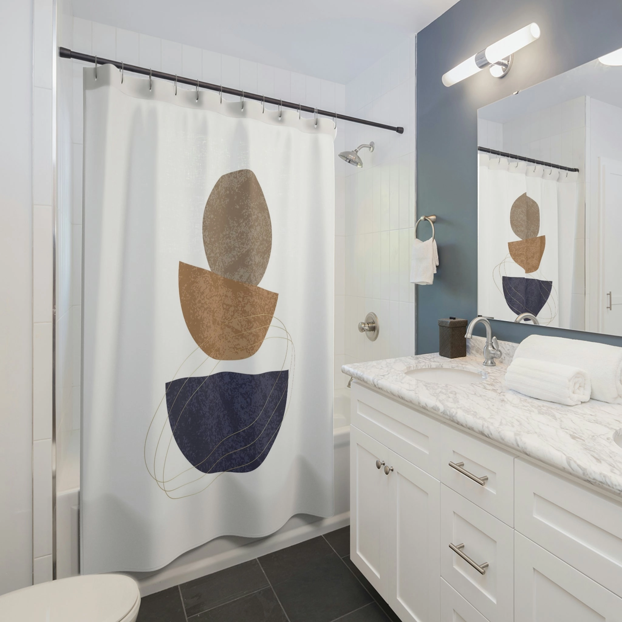 Abstract shower curtain | Mid Century Navy Beige White