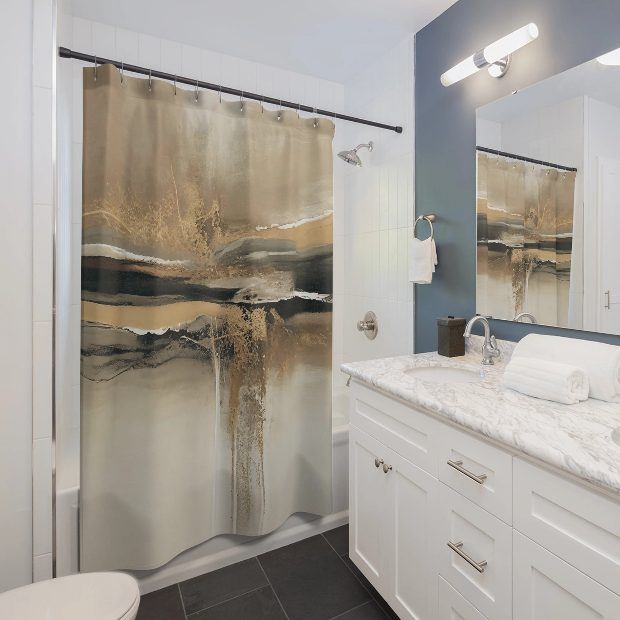 Abstract Shower Curtain | Modern Ombre, Blue Beige, Grey