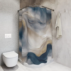 Abstract Shower Curtain | Navy Blue, Beige Muted Gold Lighting,Home Lighting