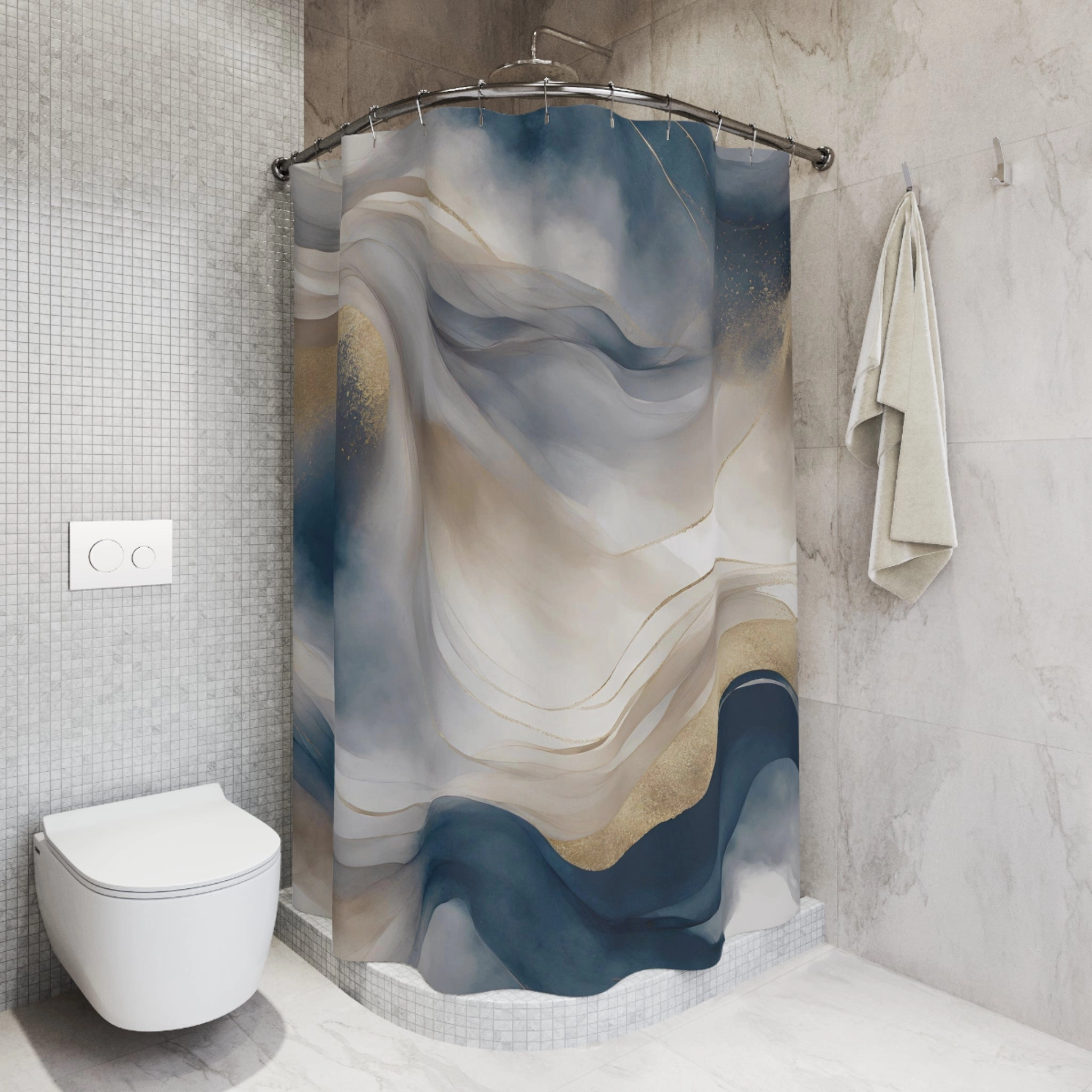Abstract Shower Curtain | Navy Blue, Beige Muted Gold Lighting,Home Lighting