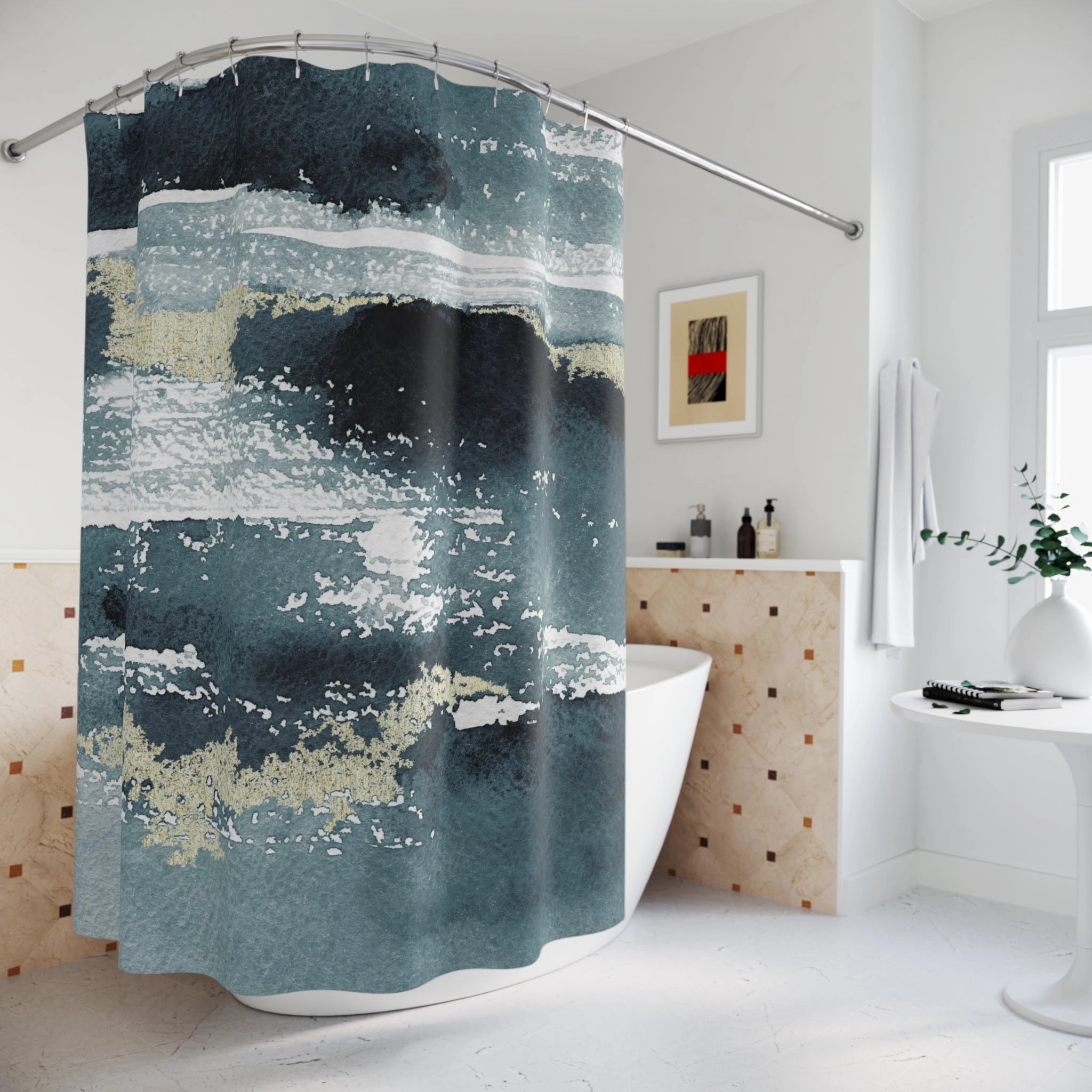 Abstract Shower Curtain | Navy Blue, Beige Rustic