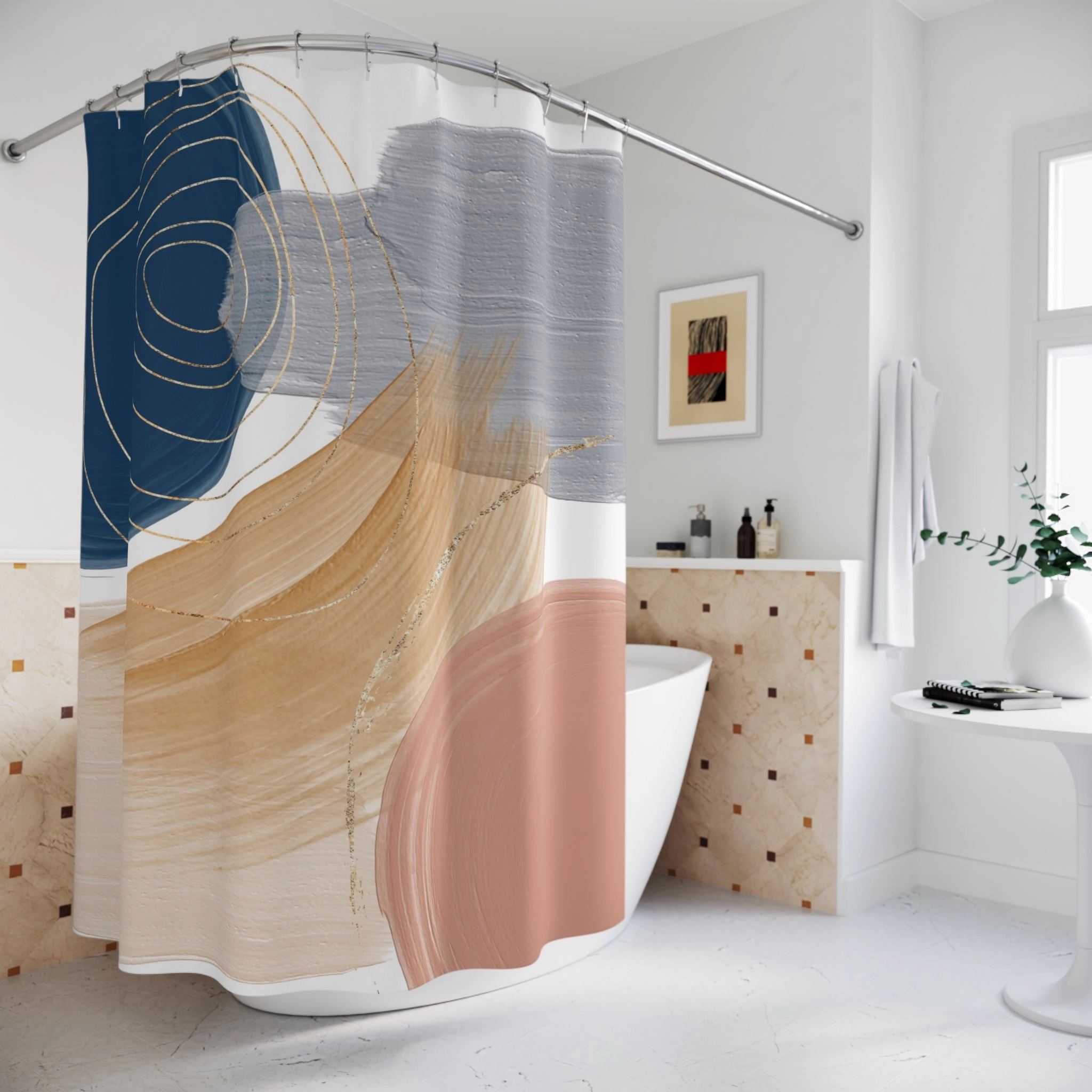 Abstract Shower Curtain | Navy Blue, Grey Beige