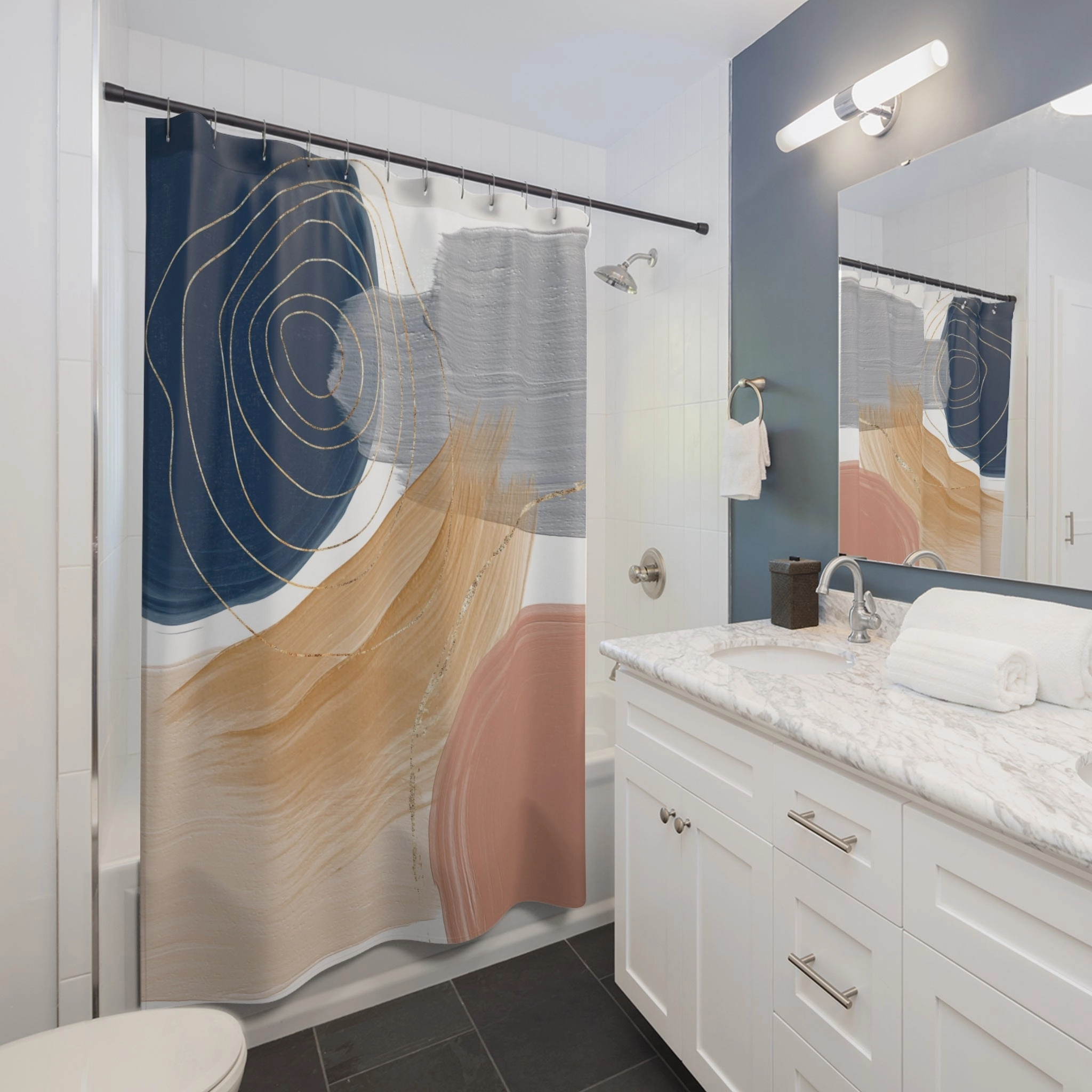 Abstract Shower Curtain | Navy Blue, Grey Beige
