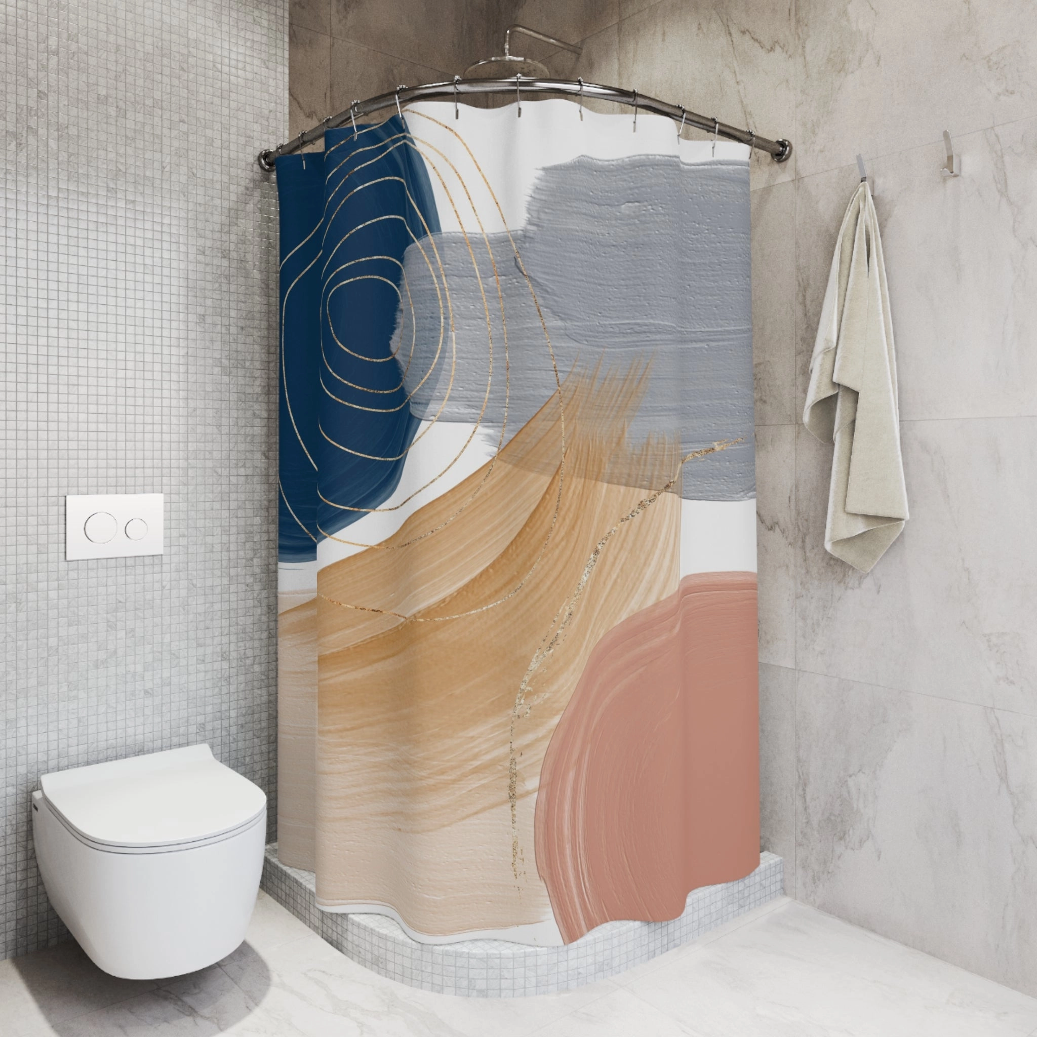 Abstract Shower Curtain | Navy Blue, Grey Beige
