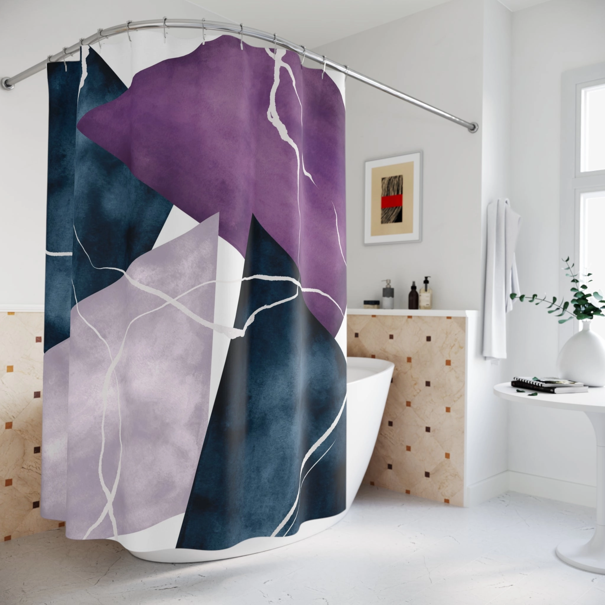 Abstract Shower Curtain | Navy Blue, Lilac Lavender Purple