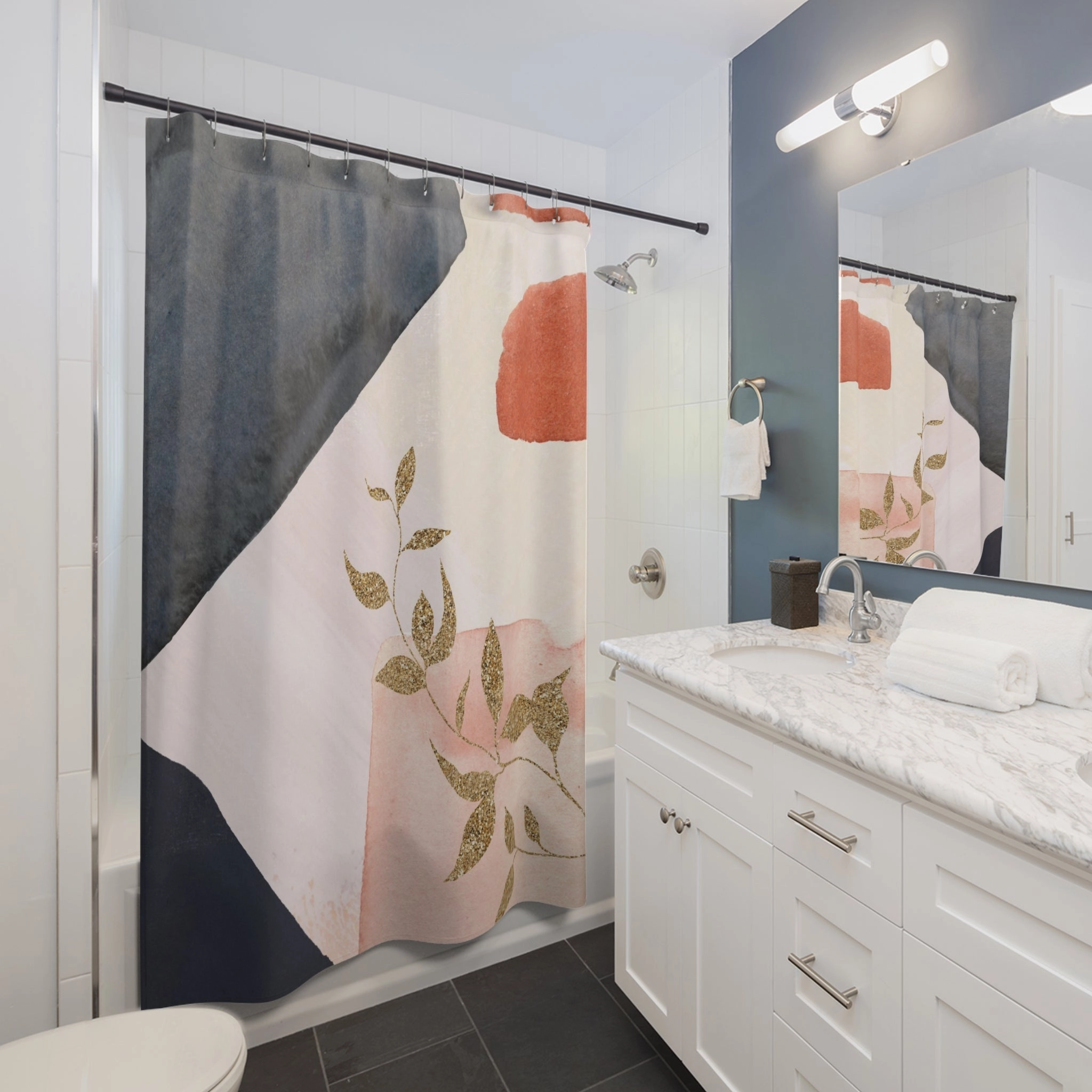 Abstract Shower Curtain | Navy Blue, Orange Pink