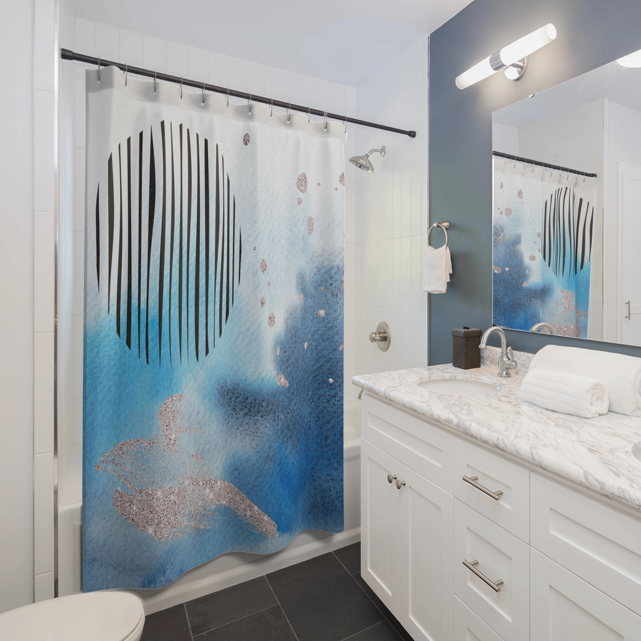 Abstract Shower Curtain | Navy Indigo Blue, Beige Black Watercolor