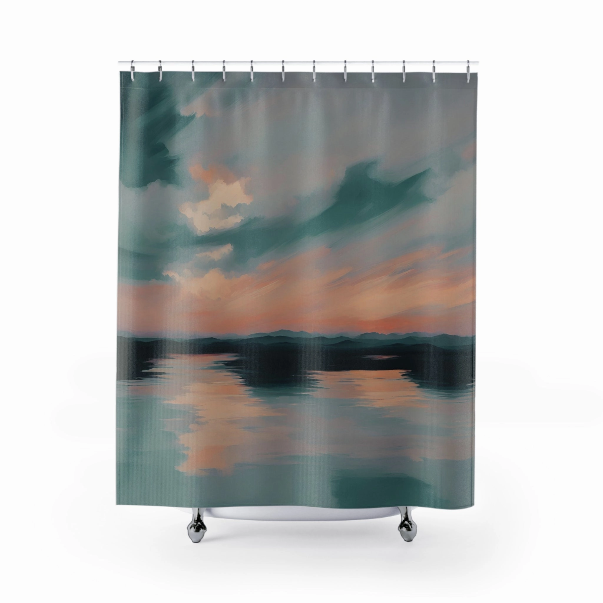 Abstract Shower Curtain | Ocean Sunset, Teal Orange Sky Lighting,Home Lighting