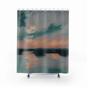 Abstract Shower Curtain | Ocean Sunset, Teal Orange Sky Lighting,Home Lighting