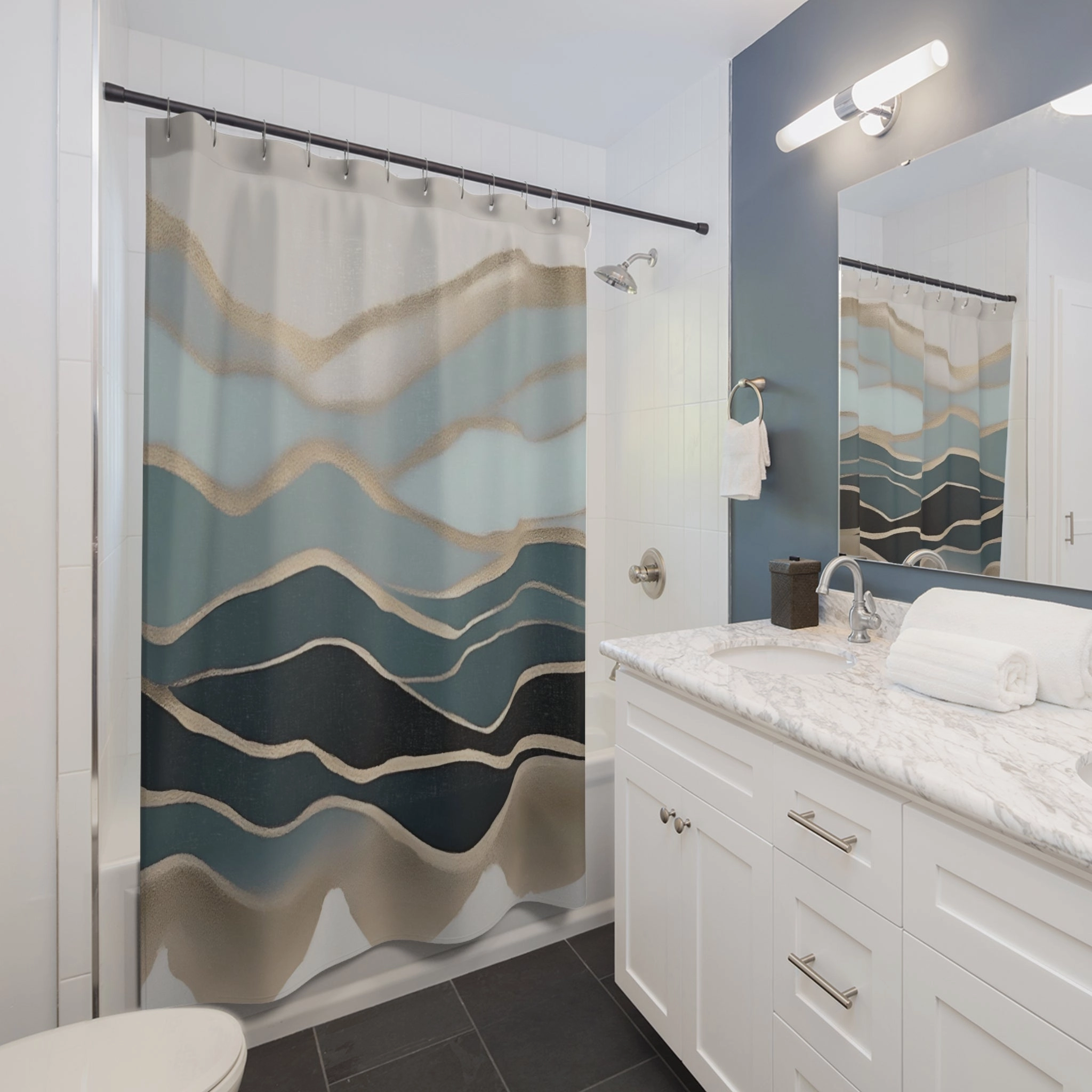Abstract Shower Curtain | Pale, Navy Blue, Muted Gold