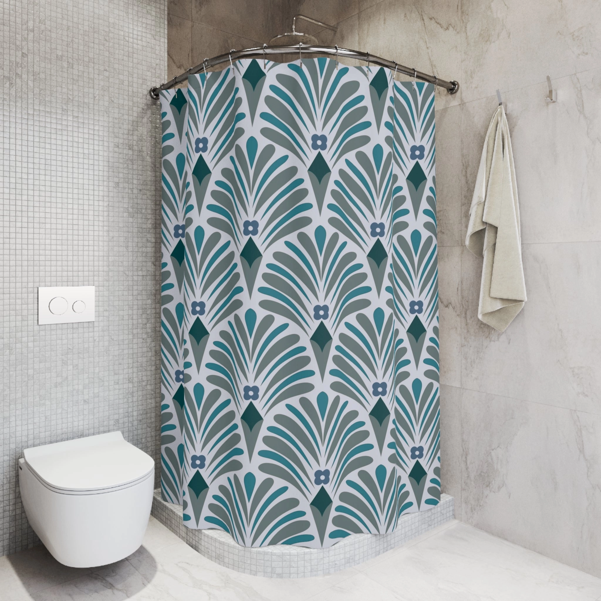 Abstract Shower Curtain | Pale Teal Blue, Grey Art Deco