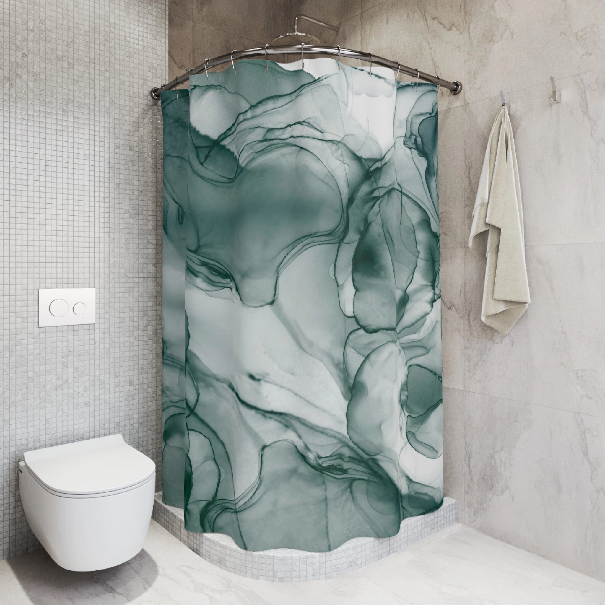 Abstract Shower Curtain | Teal Blue White Liquid Ink