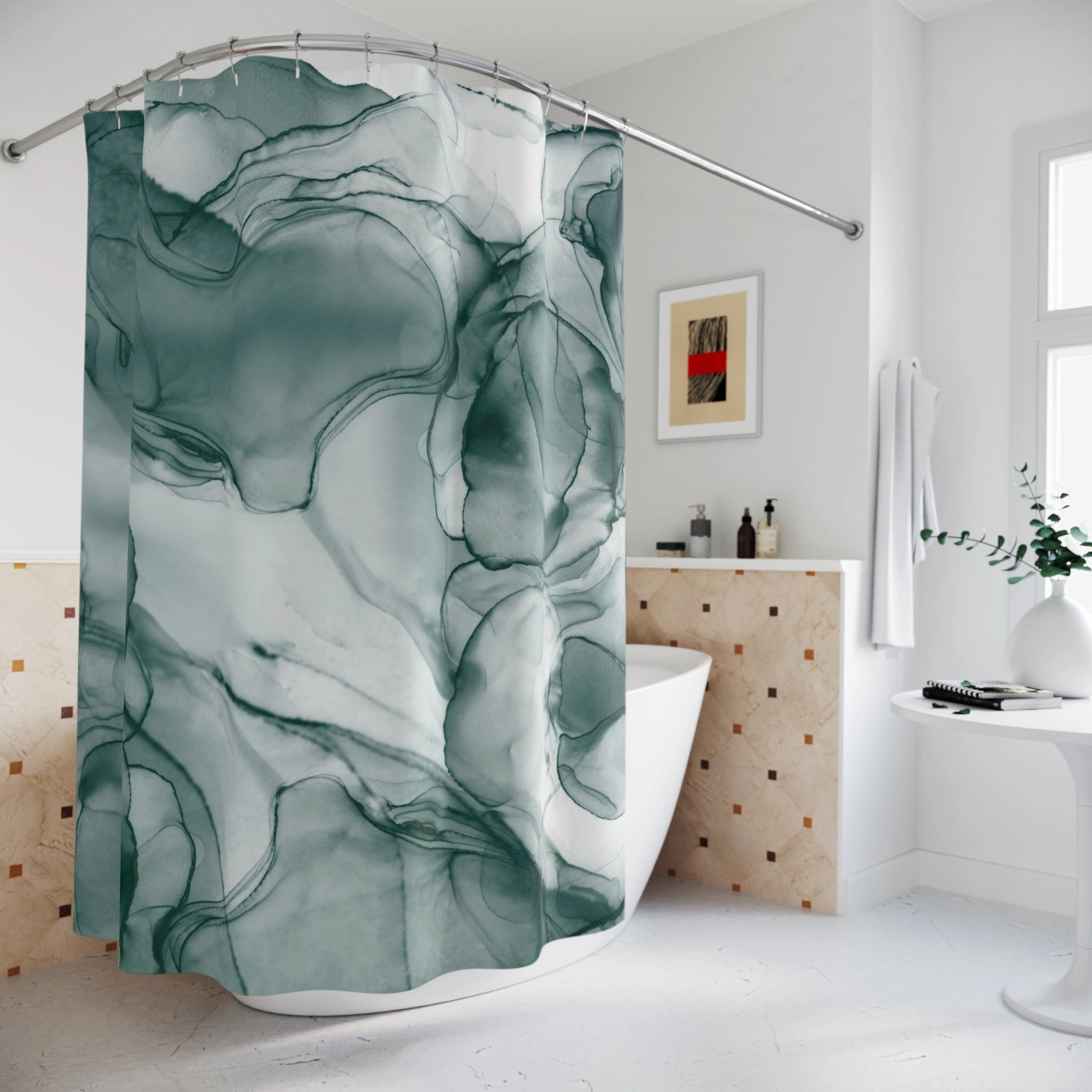 Abstract Shower Curtain | Teal Blue White Liquid Ink