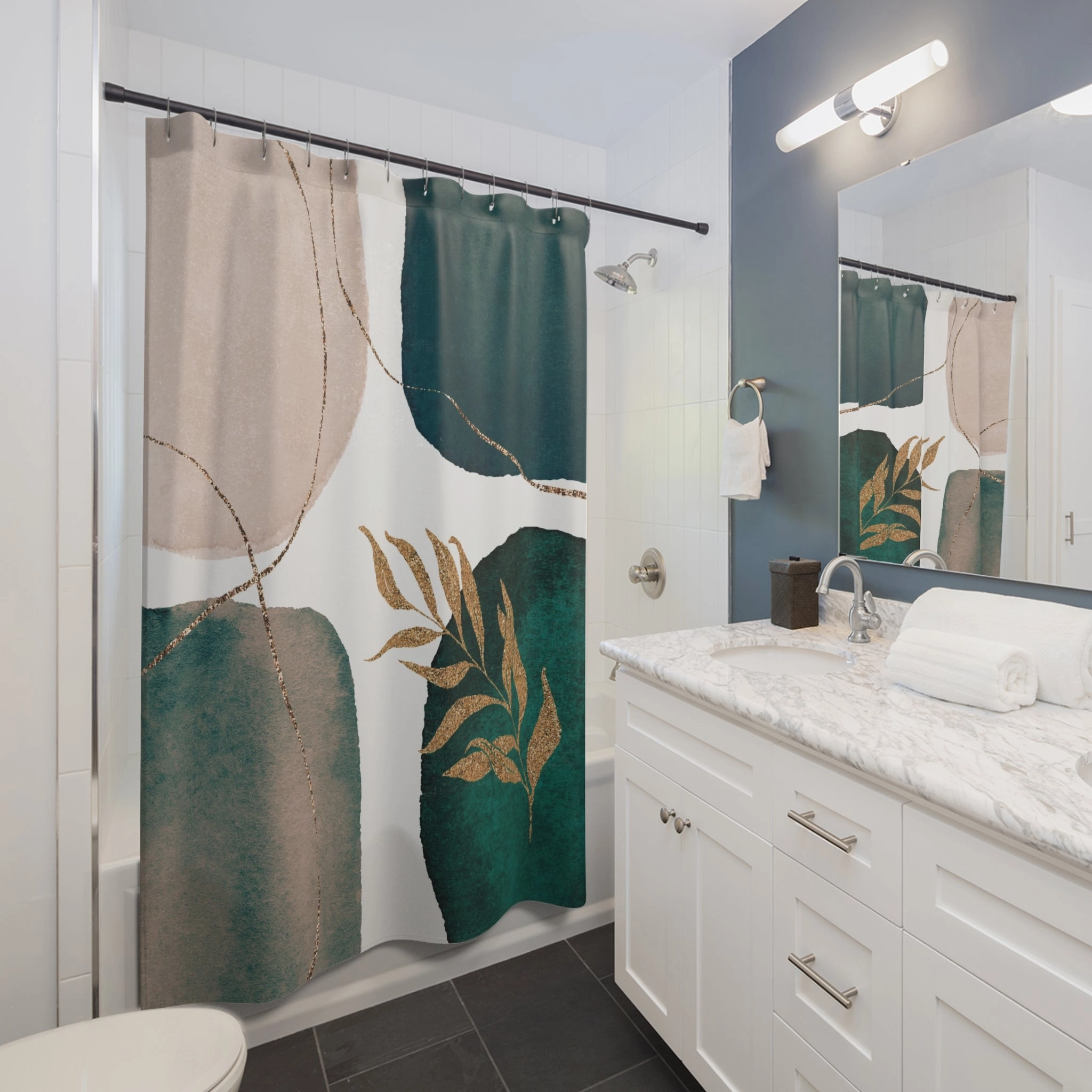 Abstract Shower Curtain | Teal Green, Blush Pink