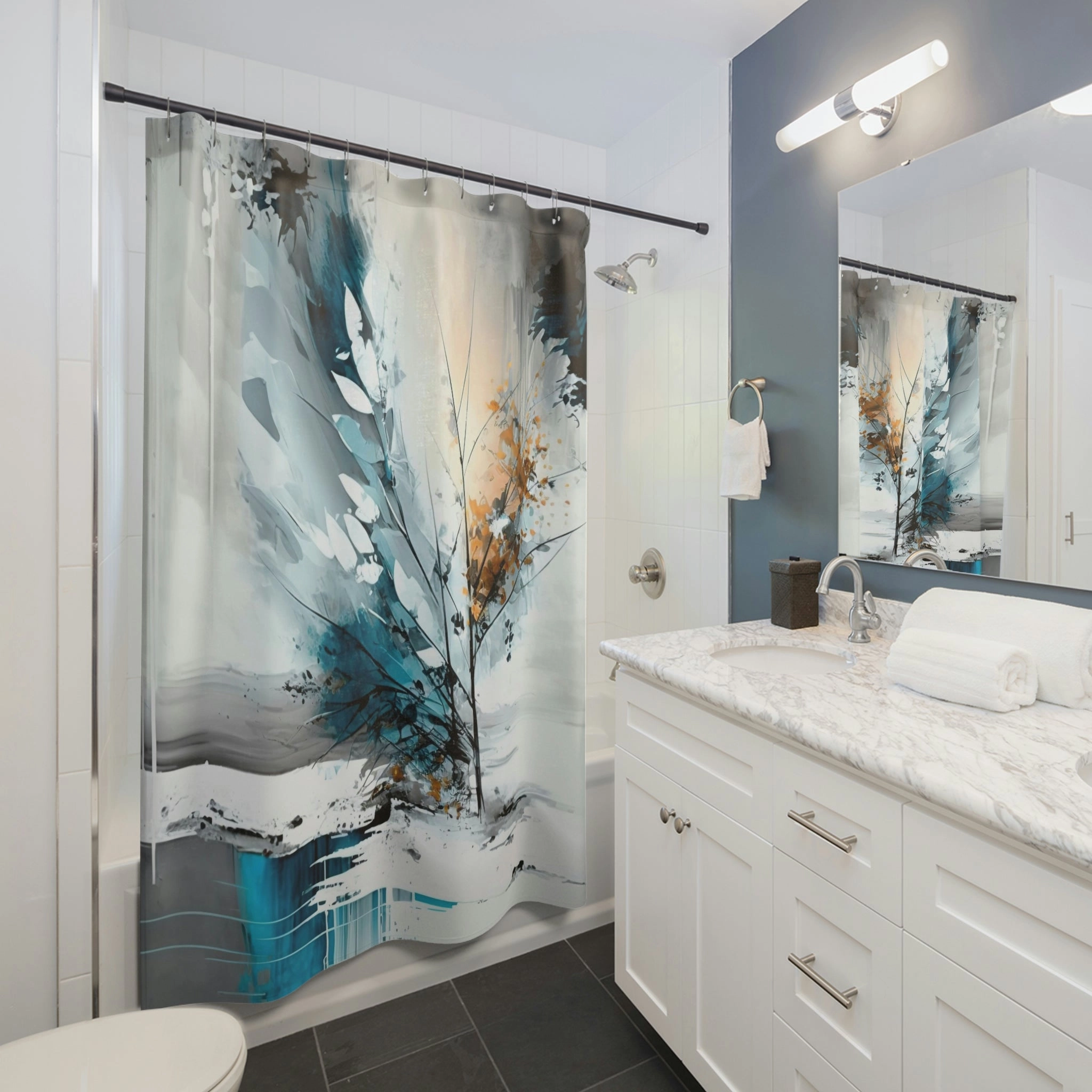 Abstract Shower Curtain | White Blue Gray Landscape