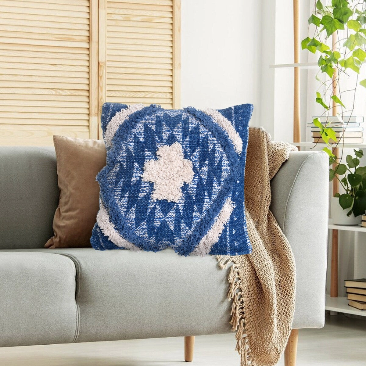 Accent Throw Pillows Set of 2, Square Shaggy Cotton Pillows with Southwest Aztec Pattern, 18 x 18 inch