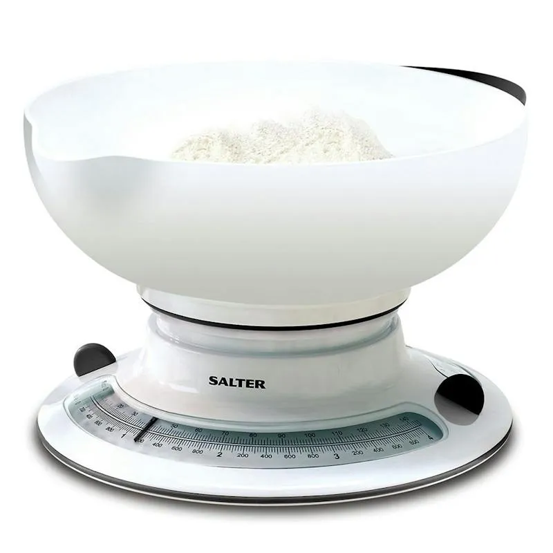 Add and Weigh Mechanical kitchen scales, White round coffee table, wooden coffee table