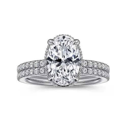 Allesia - 14K White Gold Oval Cut Hidden Halo Diamond Engagement Ring (Setting Only)