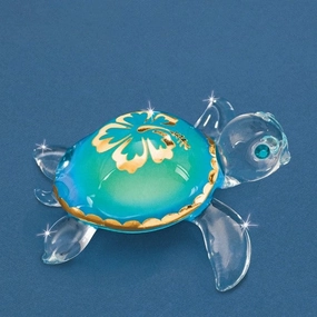 Aloha Sea Turtle with 22Kt Gold Trim and Hawaiian Flower Glass Figurine Decorative Mirror,Home Decor Mirror