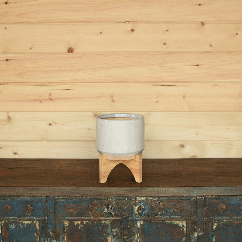 Ames Cachepot, Ceramic with Wood - Lrg - White, Natural