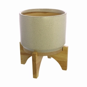 Ames Cachepot, Ceramic with Wood - Lrg - White, Natural Vase,Ceramic Vase