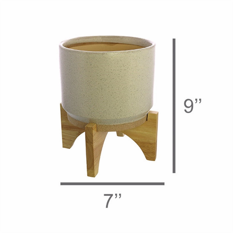 Ames Cachepot, Ceramic with Wood - Lrg - White, Natural