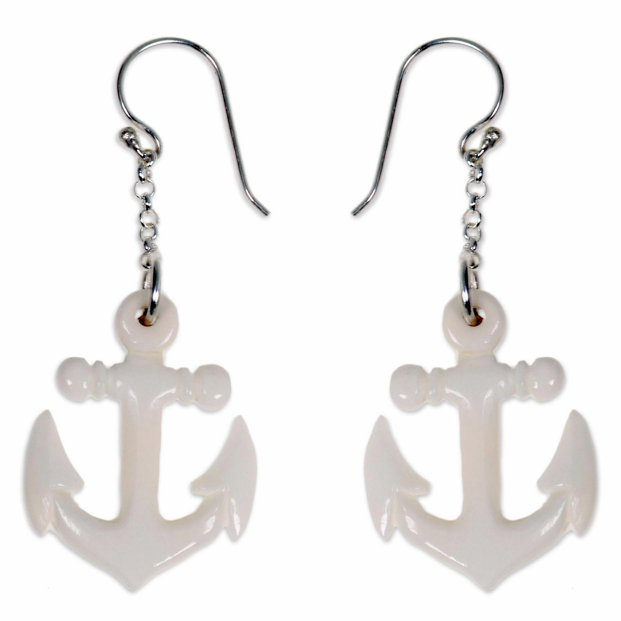 Anchored Hand Carved Bone Anchor Earrings Bali Artisan Jewelry