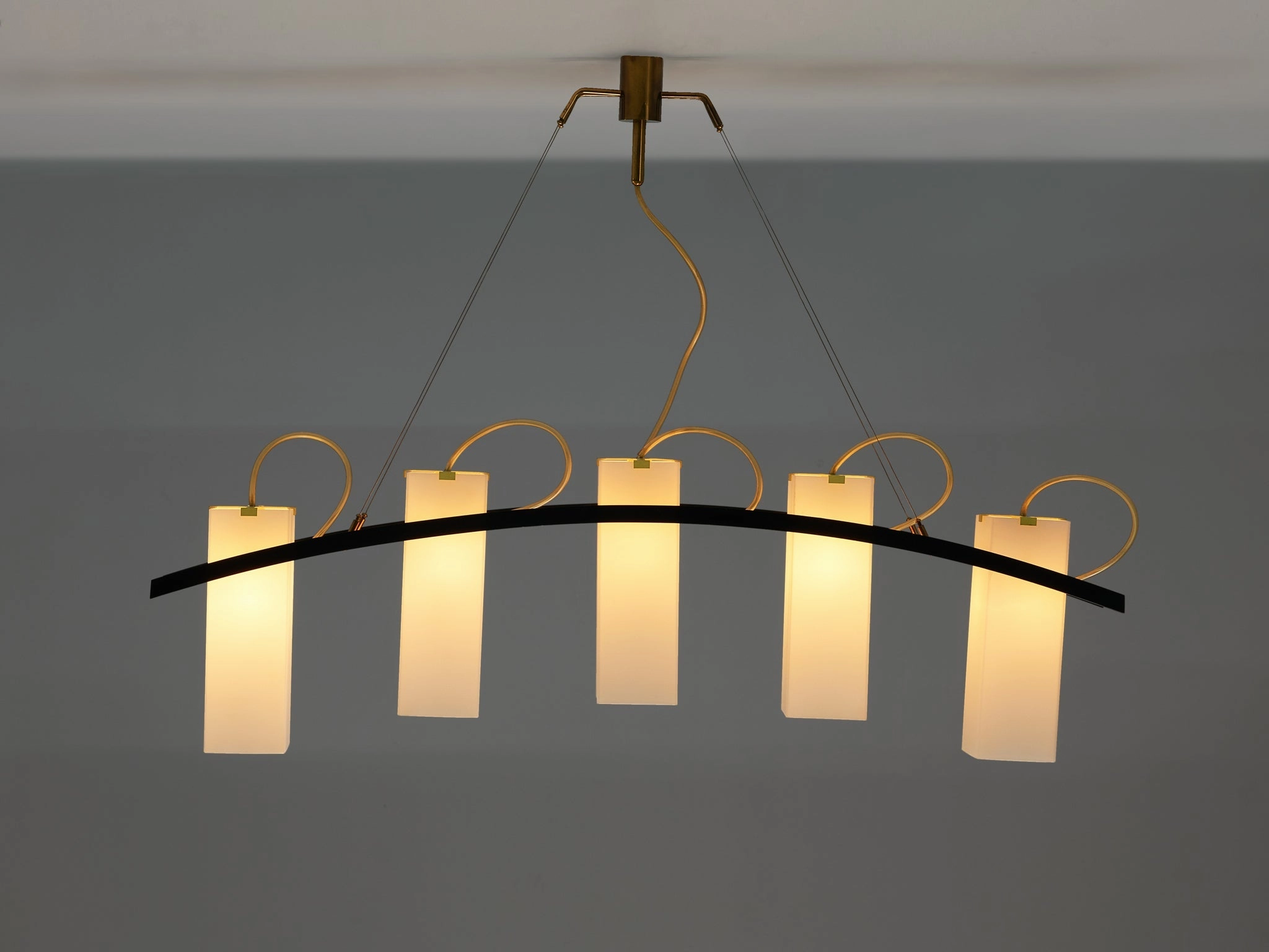 Angelo Lelii for Arredoluce Chandelier '12701' in Brass and Opaline Glass