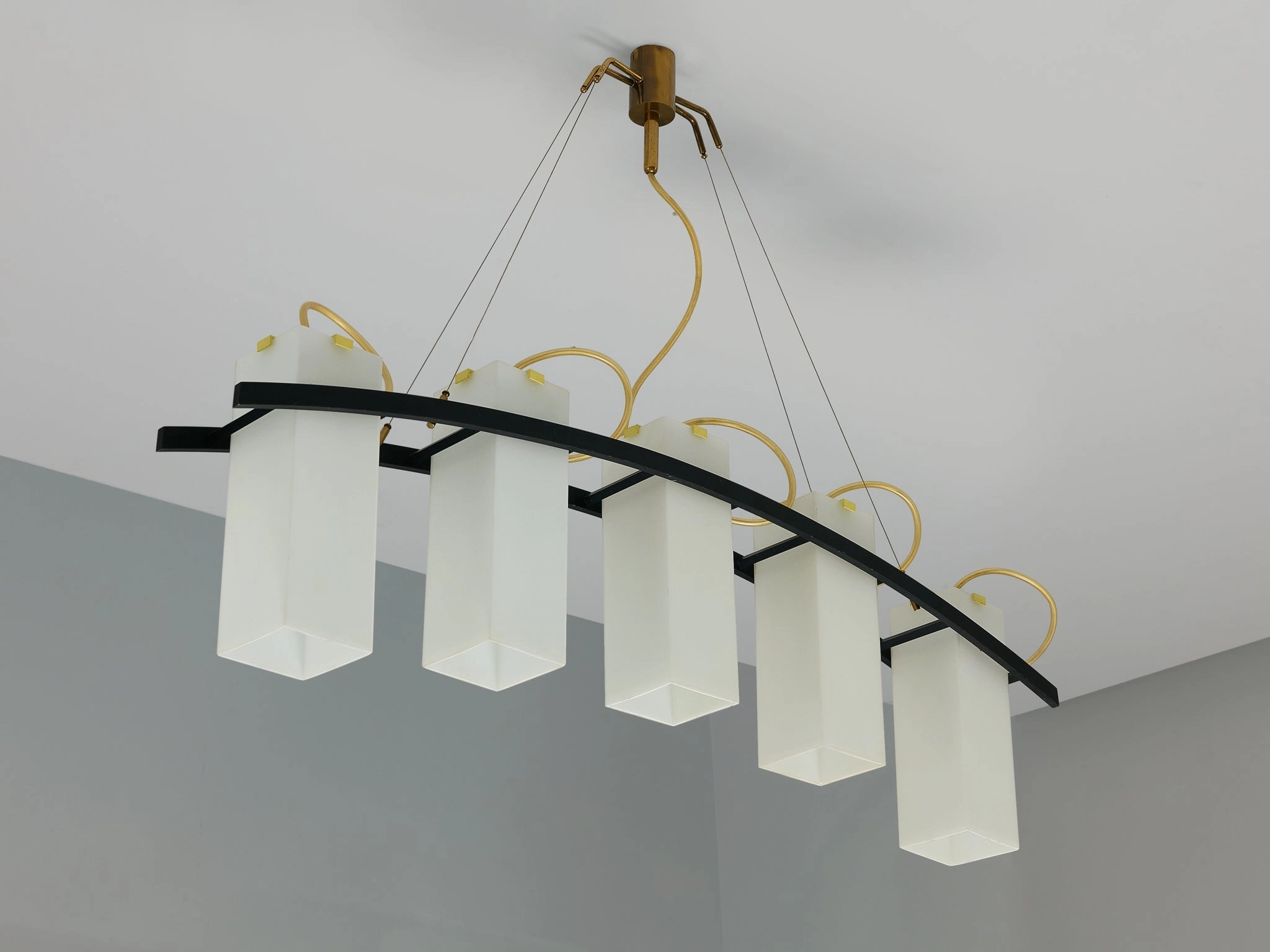 Angelo Lelii for Arredoluce Chandelier '12701' in Brass and Opaline Glass
