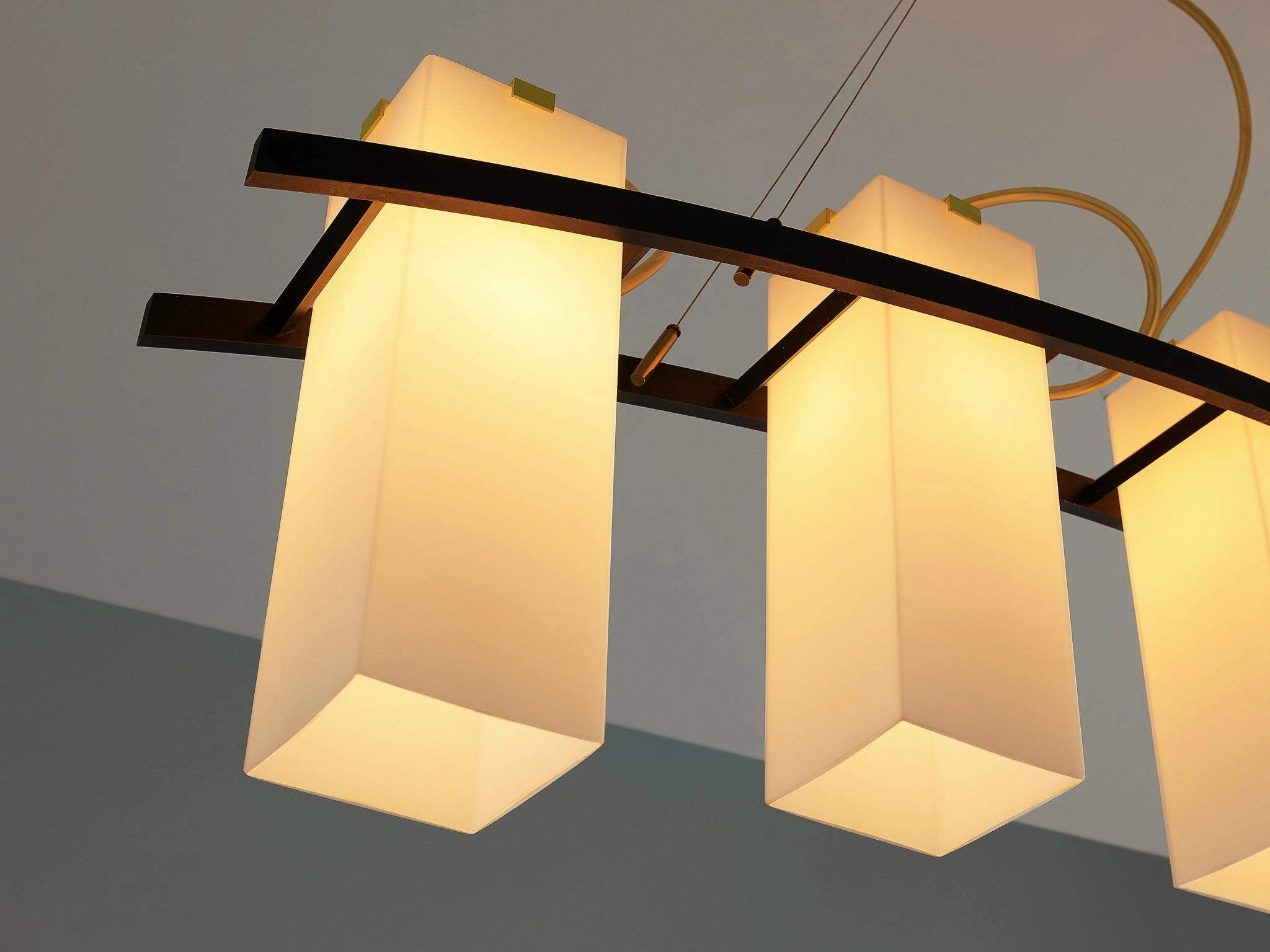Angelo Lelii for Arredoluce Chandelier '12701' in Brass and Opaline Glass