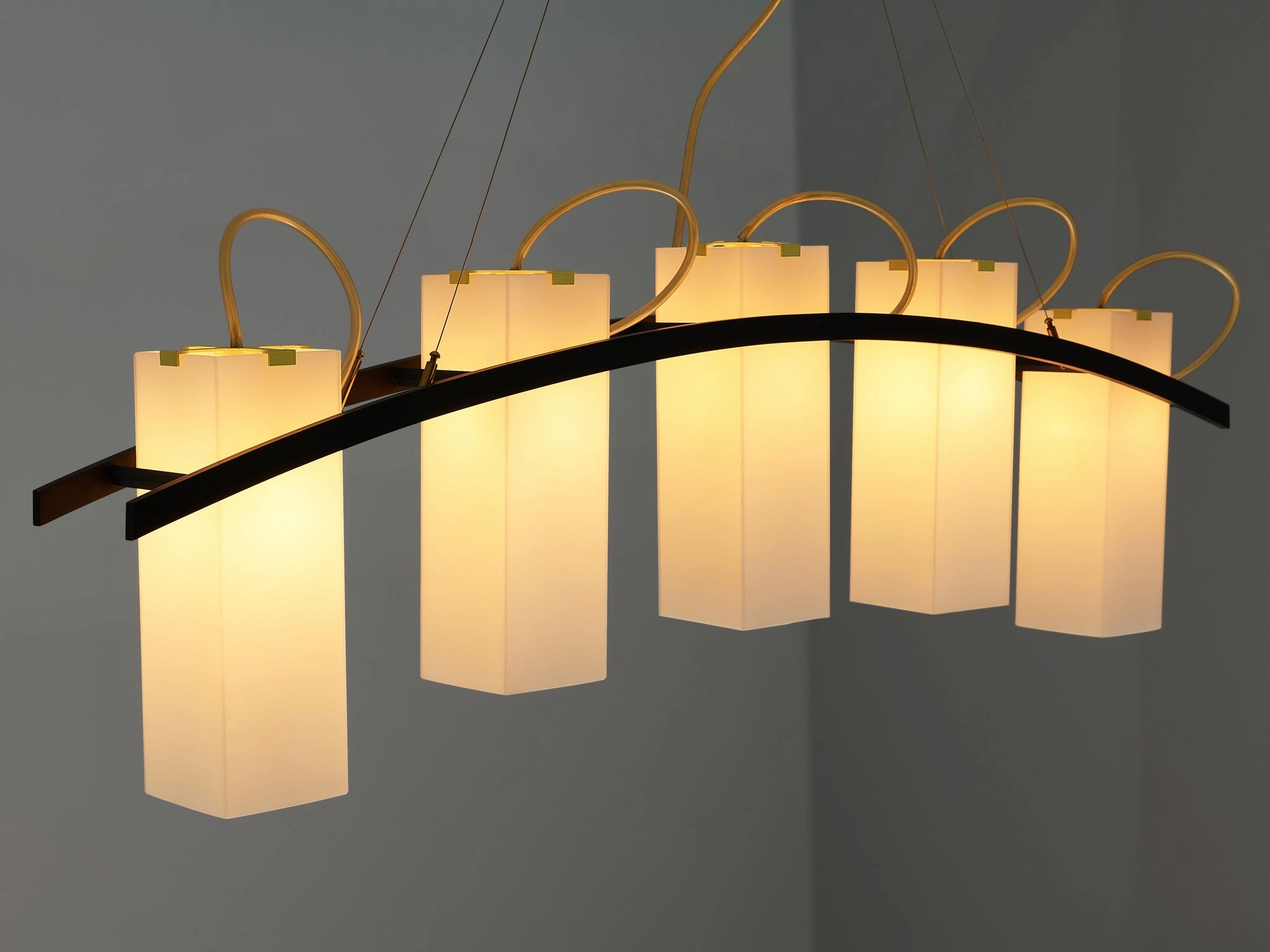 Angelo Lelii for Arredoluce Chandelier '12701' in Brass and Opaline Glass