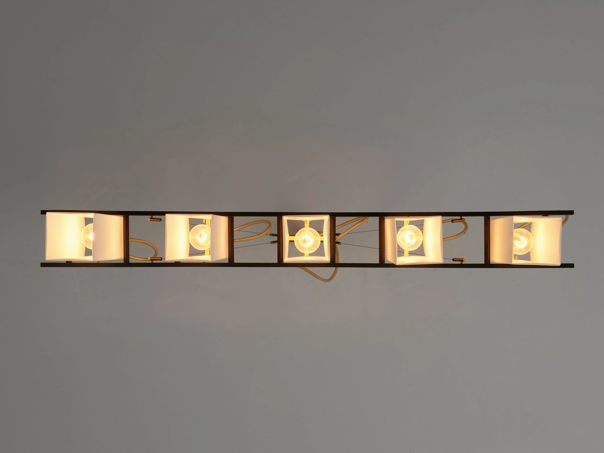Angelo Lelii for Arredoluce Chandelier '12701' in Brass and Opaline Glass