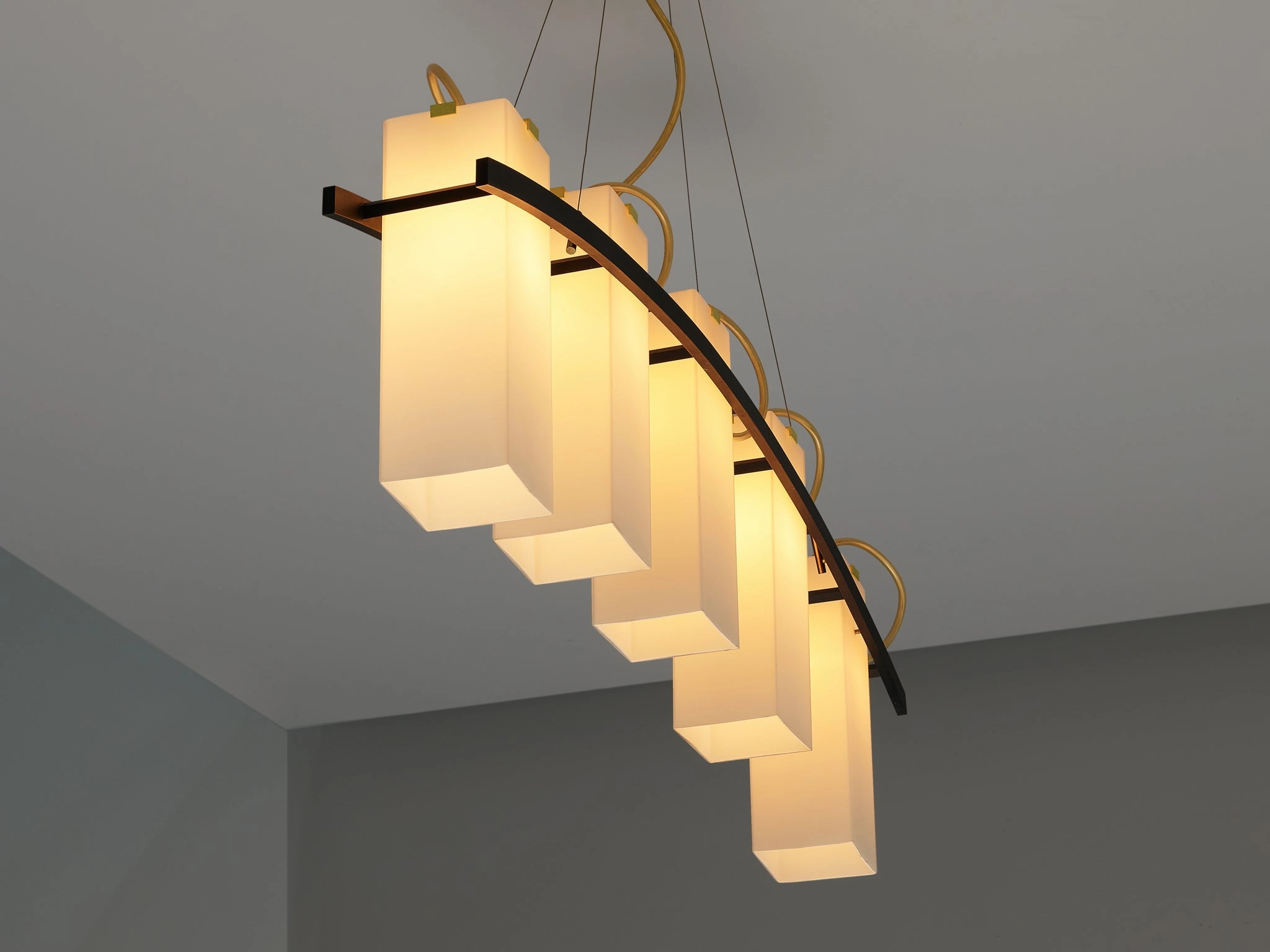 Angelo Lelii for Arredoluce Chandelier '12701' in Brass and Opaline Glass