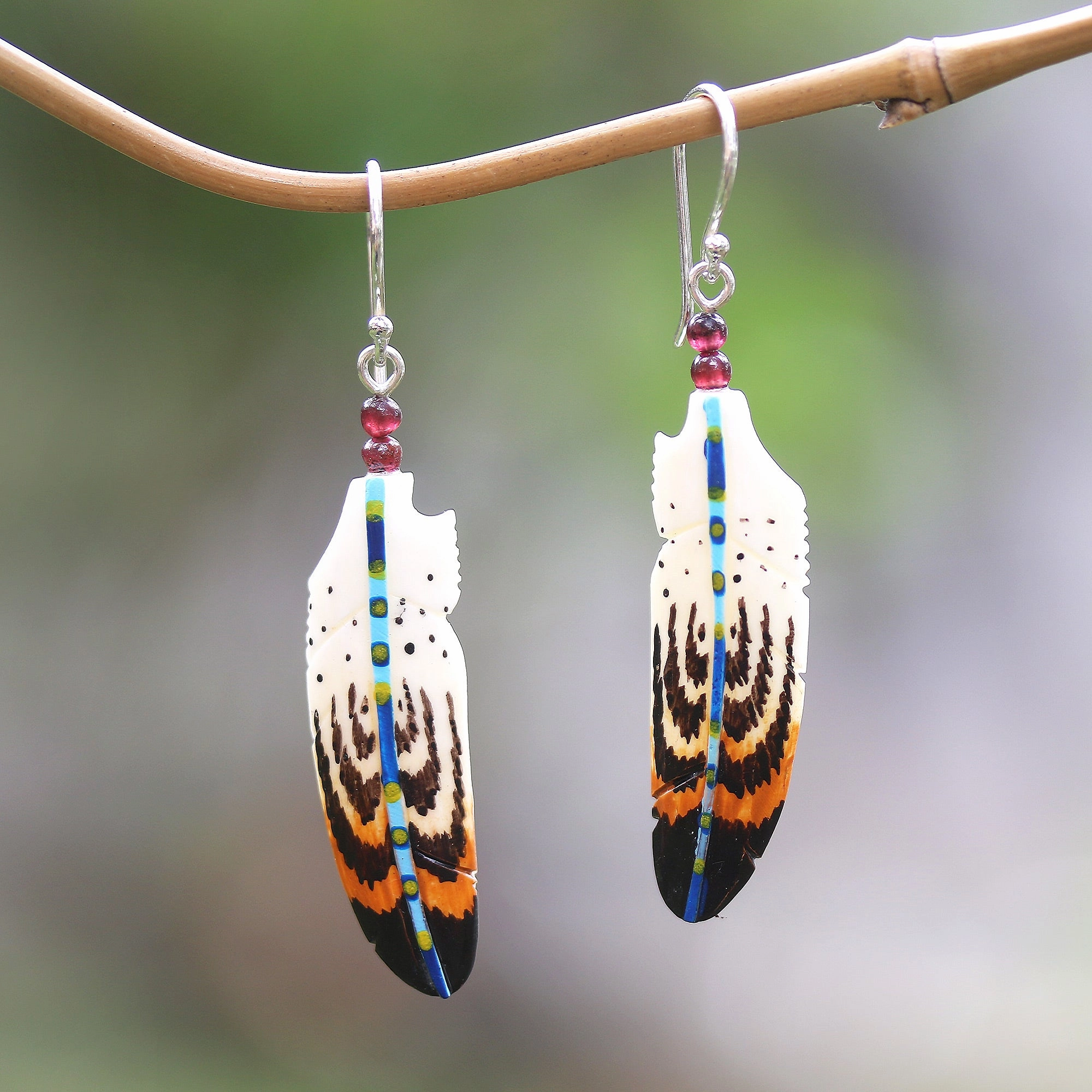 Antique Feathers Hand-Painted Bone and Amethyst Feather Dangle Earrings