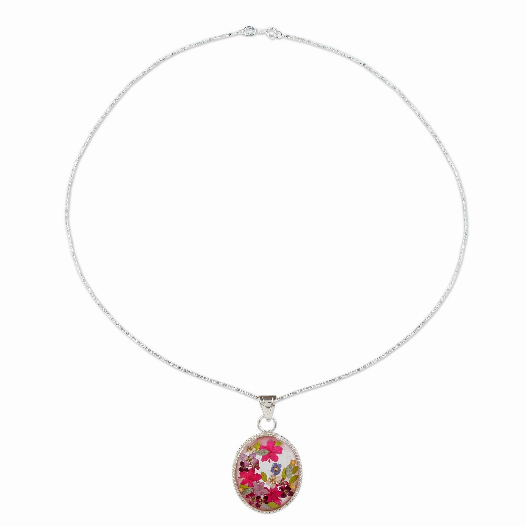 Antique Rose Old Fashioned Pendant Necklace with Pink Flowers in Resin