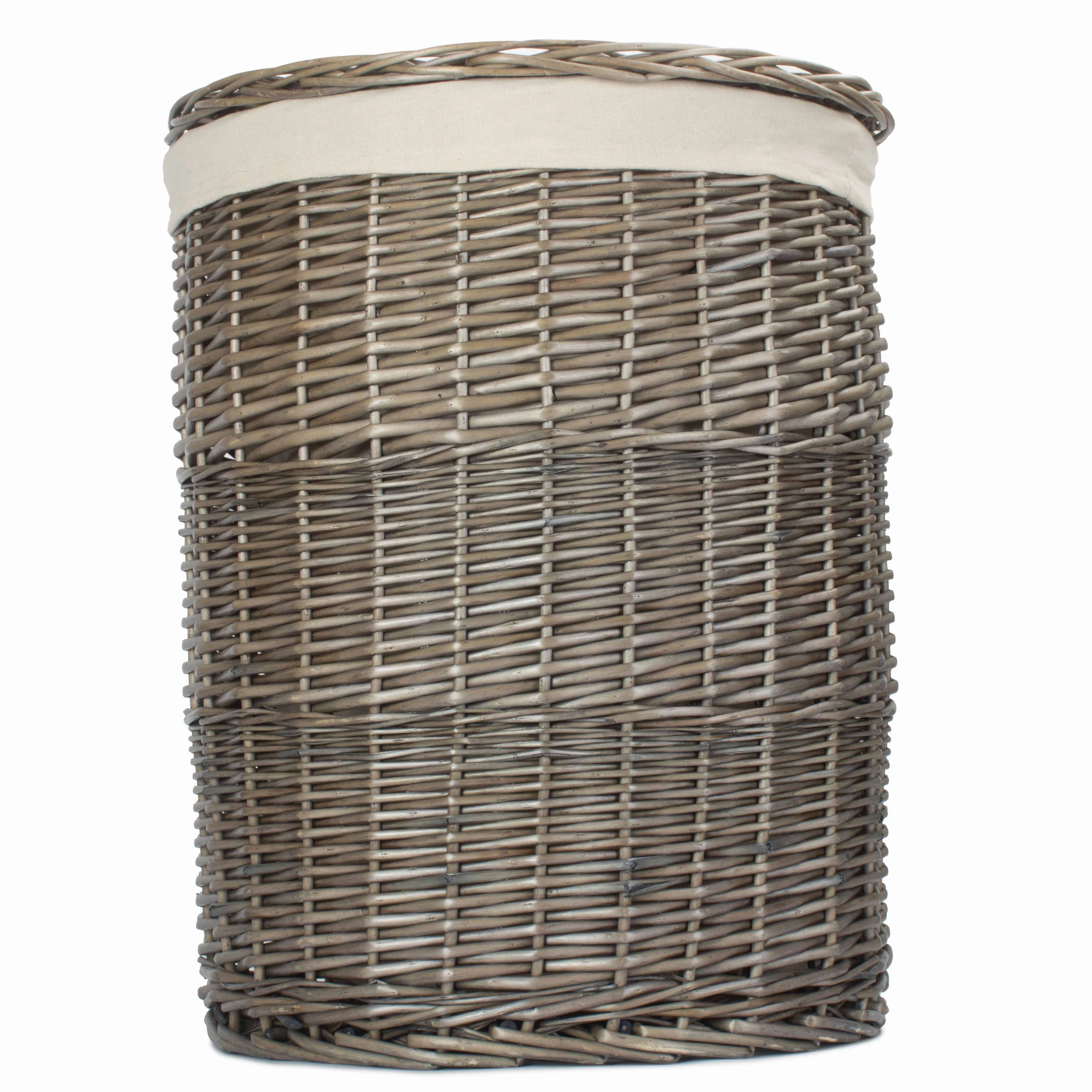 Antique Wash Willow Large Round Linen Basket with White Lining