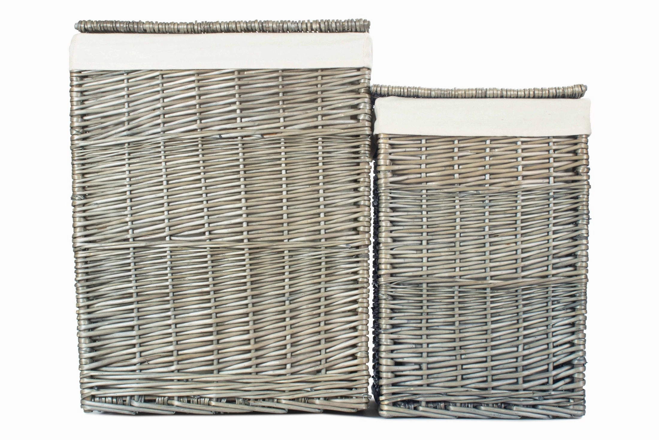 Antique Wash Willow Square Laundry Basket with White Lining Set 2