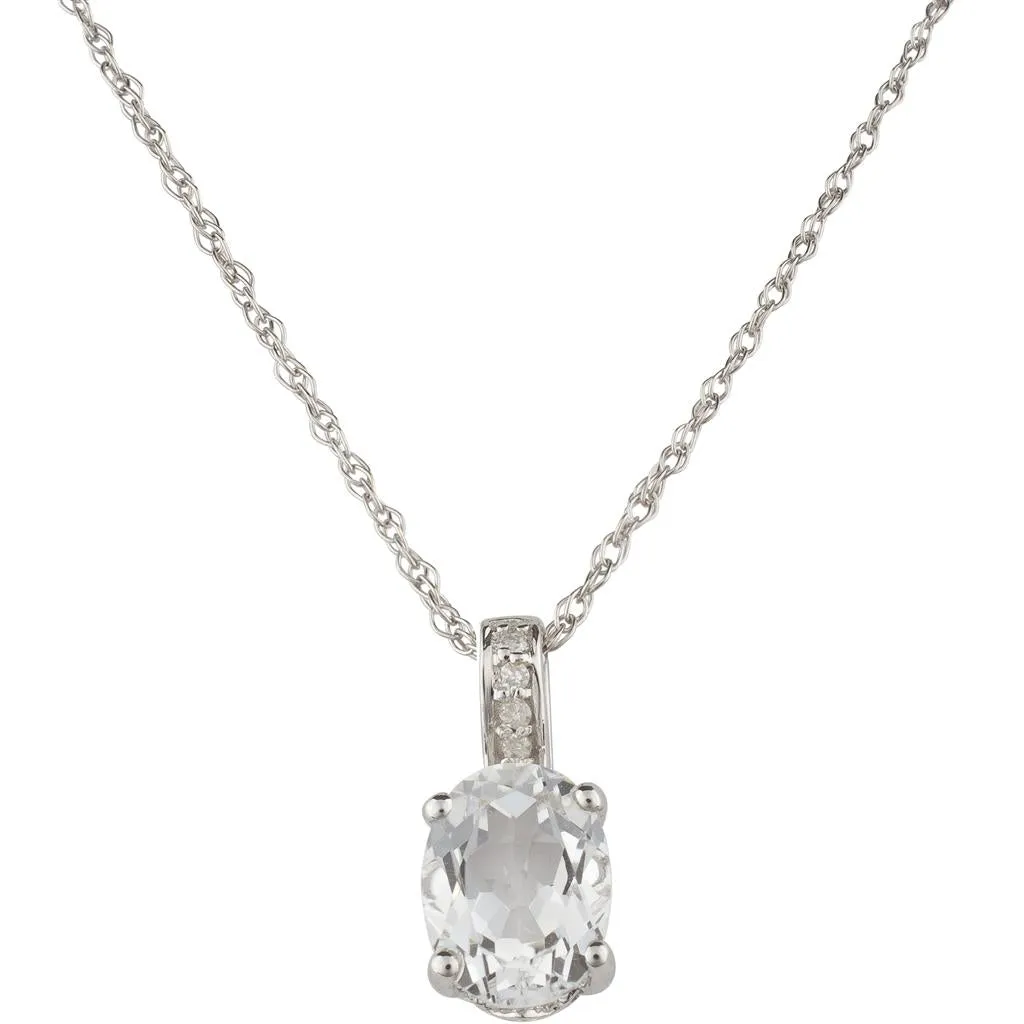 April Birthstone Pendant: 14K White Gold Diamond And Oval White Topaz Pendant Necklace