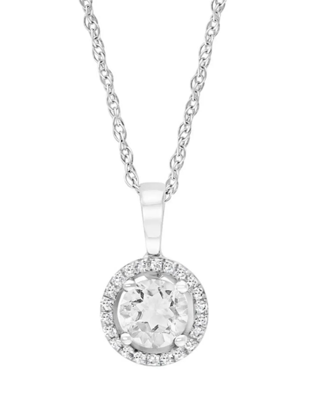 April Birthstone Pendant: 14K White Gold Diamond And White Topaz Halo Pendant Necklace