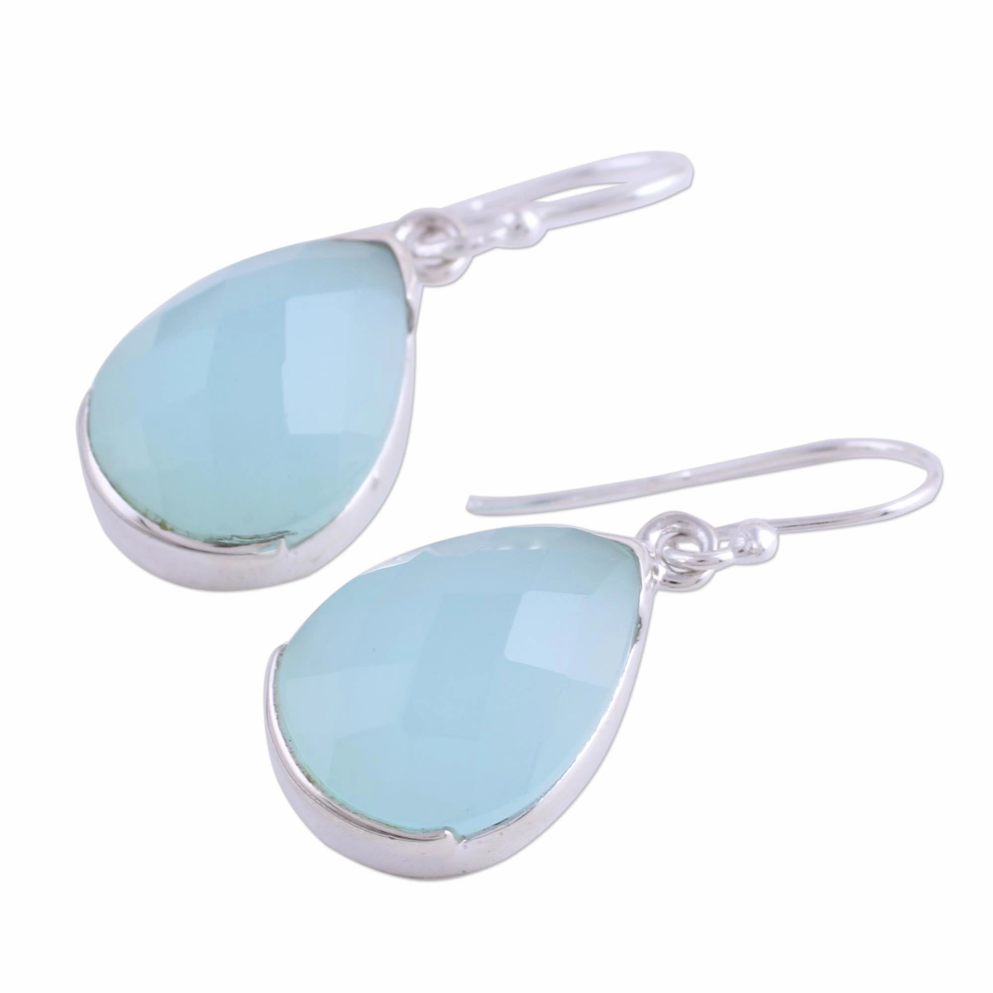 Aqua Drops Chalcedony Silver Dangle Earrings