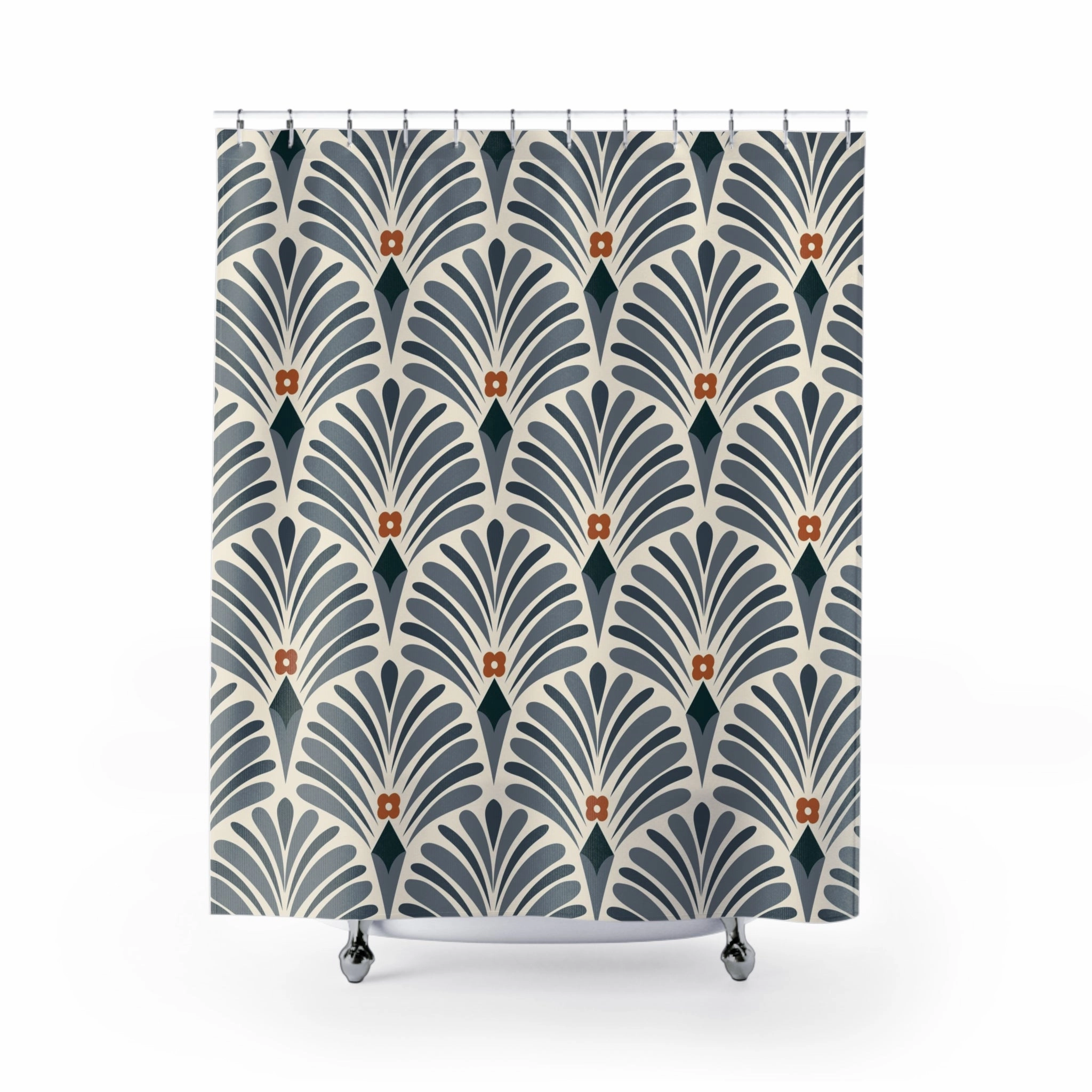 Art Deco Fabric Shower Curtain | Navy Rust Retro Bath Curtain Lighting,Home Lighting