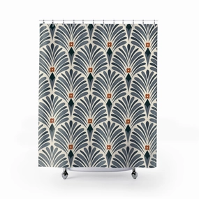 Art Deco Fabric Shower Curtain | Navy Rust Retro Bath Curtain Lighting,Home Lighting