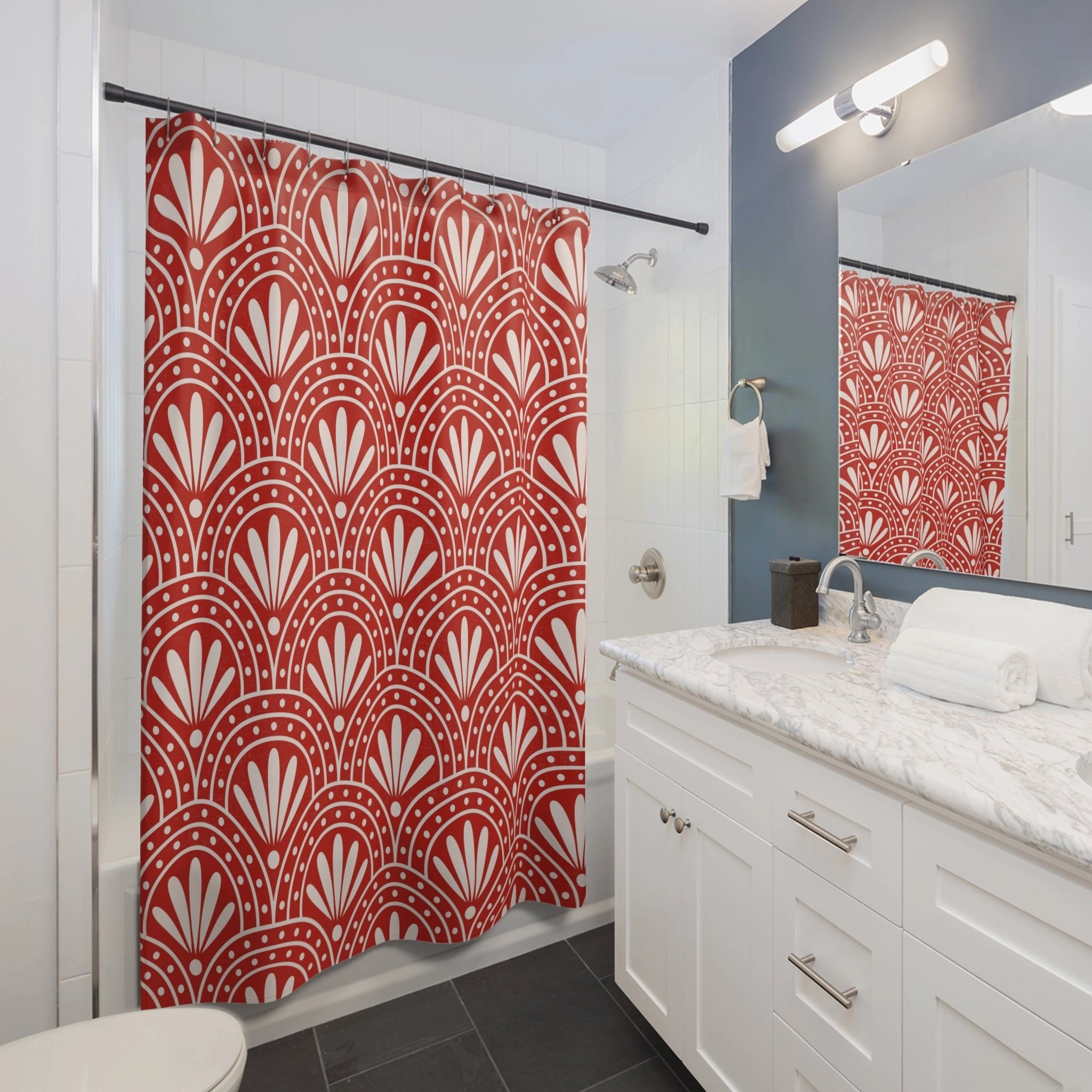 Art Deco Fabric Shower Curtain | Red White Retro Bath Curtain