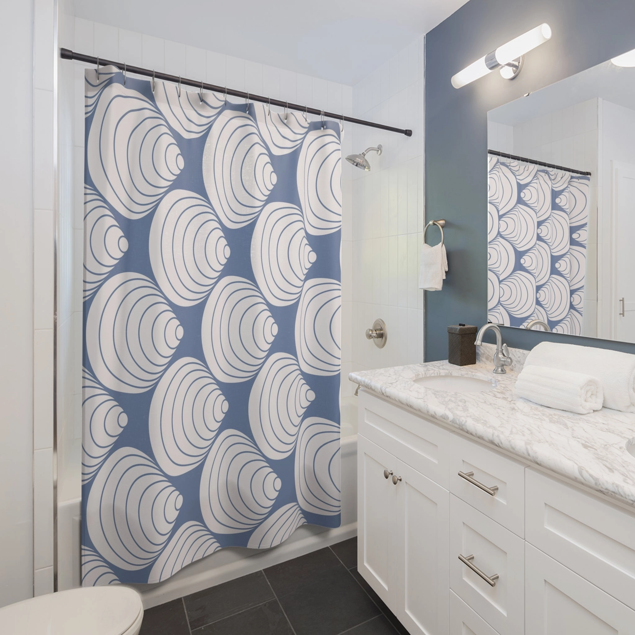 Art Deco, Nouveau Shower Curtain | Dusty Blue, Ivory Geometric