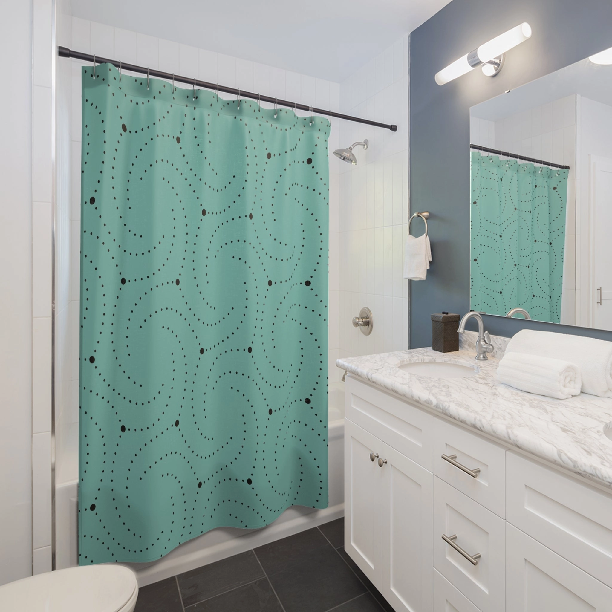 Art Deco Shower Curtain | Black Sage Teal Green, Minimalist Geometric