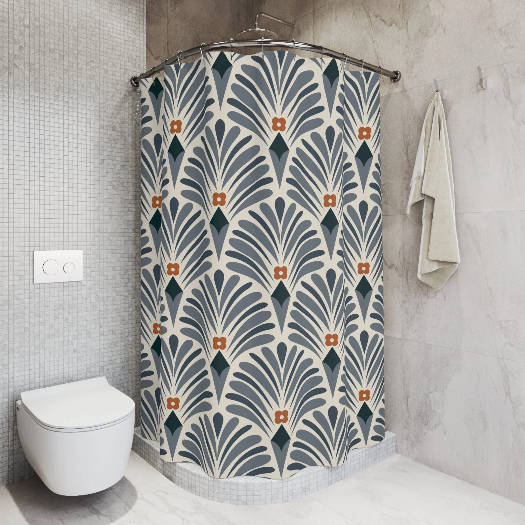 Art Deco Shower Curtain | Blue Rust Cream Bath Curtain