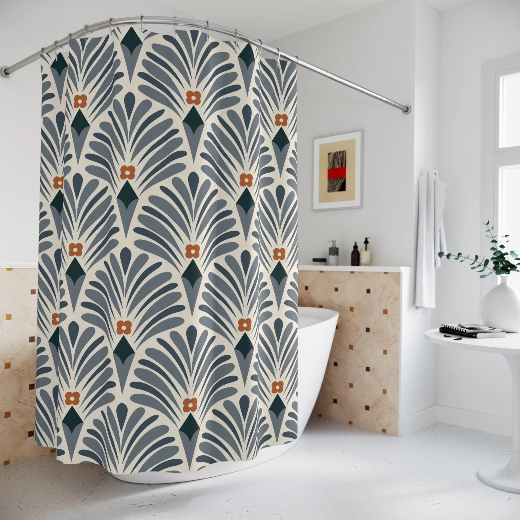 Art Deco Shower Curtain | Blue Rust Cream Bath Curtain