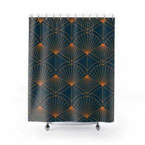 Art Deco Shower Curtain | Navy Blue, Orange Fan Bath Curtain Lighting,Home Lighting
